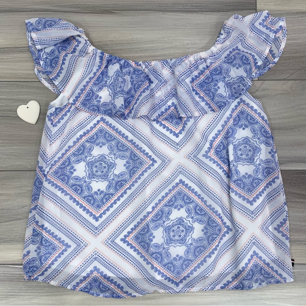 TOMMY HILFIGER Girl's Off The Shoulder Ruffle Paisley Flowy Top Size XL (16)